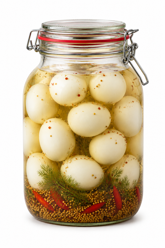 Jar of pickled eggs with spices on a white background